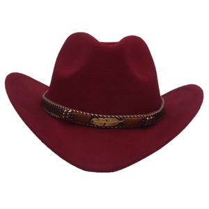 Deep red western cowboy hat with brown braided band and gold feather metal pin