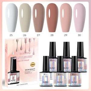 Macro view of 6-piece neutral gel polish set with 7.5ml bottles and color swatches