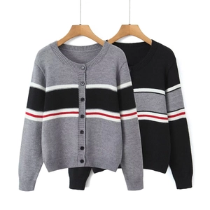 Cardigan En Tricot Pour Femmes Col Rond Simple Boutonnage Manches Longues Rayé Bloc De Couleur Pull Décontracté