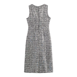 Elegant sleeveless tweed bouclé sheath dress with metallic sparkle and back zip closure
