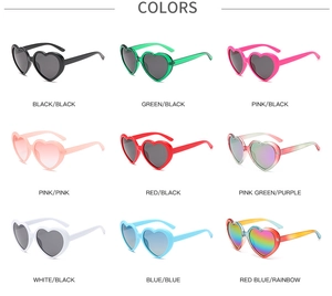 Matrix showing heart-shaped sunglasses in nine vibrant color schemes and gradients