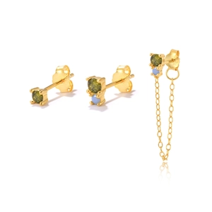 Detailed view of S925 silver fringe chain earrings with green and blue zircon gemstones