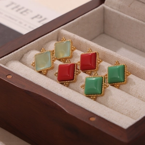 Luxury 18K gold plated square stud earrings with natural stone in vintage gold frames
