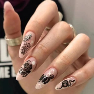 Matte Press On Nails Long Stiletto False Nails Lucky Cat Dragon Snake Pattern Gothic Vintage Dark Style For Women