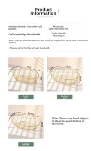 Detailed size chart for Nordic iron fruit baskets in small, medium, and large dimensions