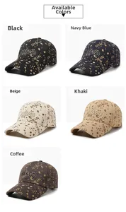 Close-up of baseball hats with gold splash texture and NY&GD embroidery in five colors