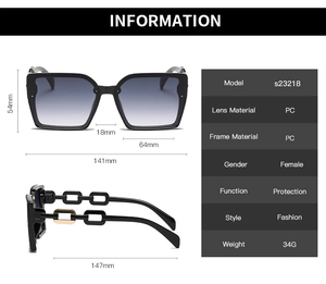 Detailed size specifications for square black sunglasses with chain temples and grey lenses