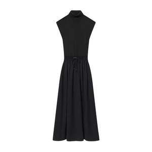 Women Sleeveless Turtleneck Maxi Dress Ribbed Knit Woven Patchwork Drawstring Waist Elegant Solid Black Casual