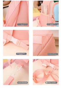 Detail of toddler backpack with breathable mesh straps, safety leash and chest buckle