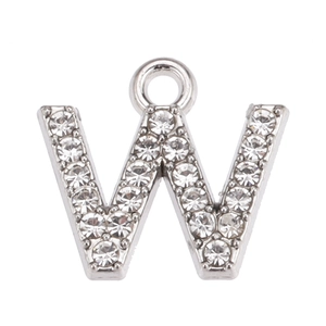 Close-up of silver letter W pendant with sparkling crystal rhinestones for DIY jewelry