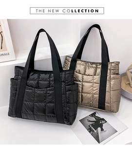 Quilted tote bags in black and champagne gold with wide strap and spacious side pocket