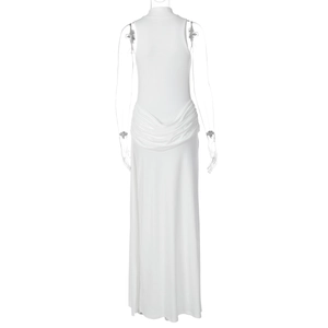 Detailed back view of white sleeveless dress showing elegant waist draping and pleats