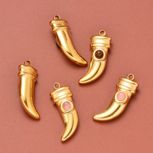 Golden stainless steel horn and tusk pendants with natural brown and pink stones
