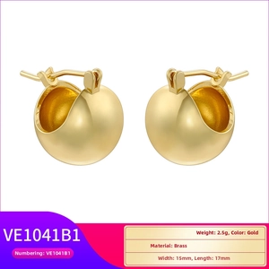 Detail view of 15mm gold brass spherical hoop earring with size and weight specifications
