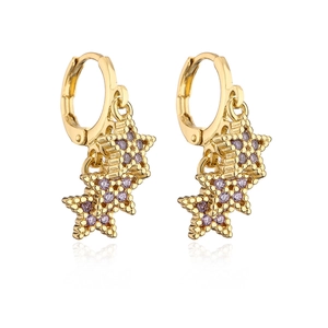 Close-up of gold plated hoop earrings featuring purple zircon star pendants with reflections