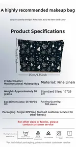 Detailed size specifications for a linen Christmas makeup bag with snowflake print