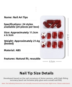 Macro view of 24pcs dark red press-on nails set with 3D bows and packaging size details