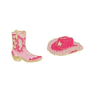 Pink enamel cowboy boot and hat brooch set with 'let's go girls' gold trim detailing