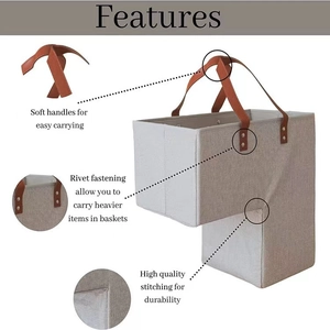 Features of gray fabric stair basket showing leather handle, rivets and quality stitching
