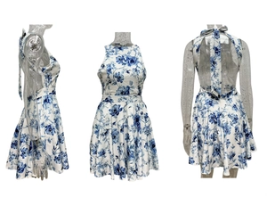 Three-way view of blue floral sleeveless dress with backless halter and long ties