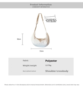 Detailed size chart for polyester dumpling bag showing 53cm width and adjustable strap