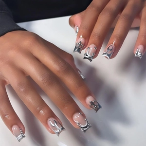 Gothic Press On Nails JP2921 Silver Chrome Flame Metal Cross Square Long False Nails For Women