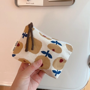 Mini floral cotton linen coin purse with apple pattern and simple wish woven label