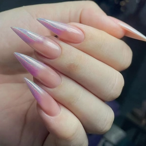 Long Stiletto Press On Nails Purple Gradient Holographic Laser Fine Glitter Artificial Fake Nails For Women Fashionable Elegant