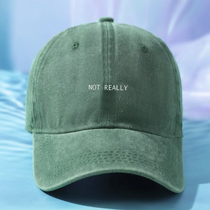 Unisex dark green Y2K washed cotton baseball cap with NOT REALLY white embroidery