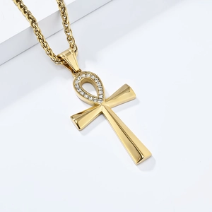 Polished gold Ankh cross pendant with clear rhinestones on a sturdy Cuban chain
