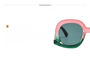 Macro detail of fashionable oversized sunglasses with pink to green gradient frames