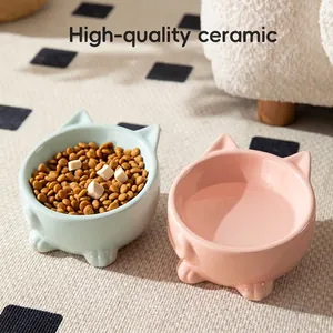 Ceramic Cat Bowl Raised Elevated Slanted Pet Food Water Dish Neck Protection Cat Ear Shape Cute Design Kittens Puppies