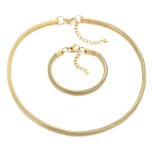 Golden stainless steel snake chain necklace and bracelet set with lobster clasp for women