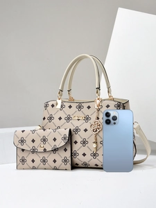 Beige logo print handbag and matching envelope wallet set with gold chain and KUOY logo