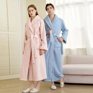 Thick coral fleece couple robes in pink and blue featuring plush lapels and waist belts