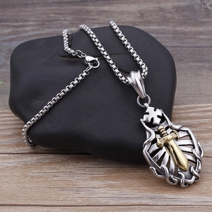 Hip hop stainless steel sword and shield pendant necklace with silver box chain