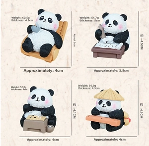 Detail showing four panda resin figurines in traditional Chinese styles with dimensions
