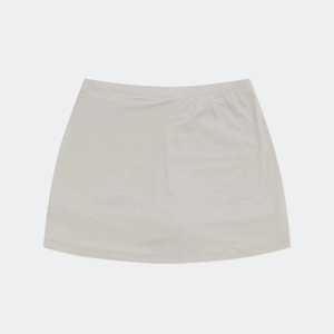 Detail view of the flat-lay light gray mini skirt featuring an elastic waistband and A-line cut