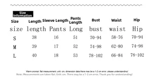 Detailed size chart for women's slim fit casual set including top and pants measurements