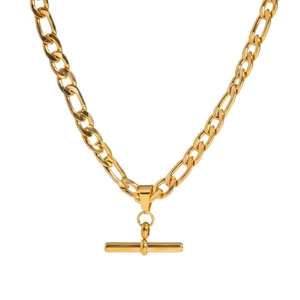 Close-up of gold Figaro chain featuring a minimalist T-bar pendant and polished finish