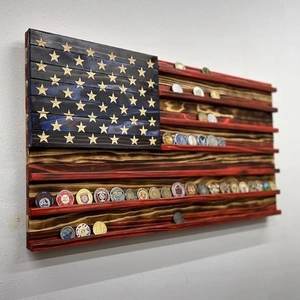 Handcrafted wooden American flag challenge coin display rack with charred wood finish