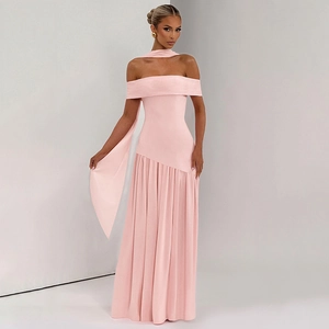 Detail of pink off-shoulder long dress showing soft pleats and elegant streamers