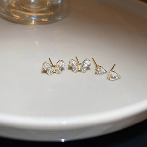 Set of 4 minimalist butterfly and heart zircon stud earrings in gold finish