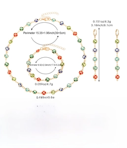 Detailed view of colorful clover jewelry set dimensions including necklace and bracelet