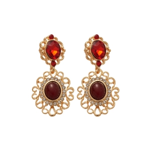 Vintage Baroque oval silver needle earrings with red gemstone and gold lace plating