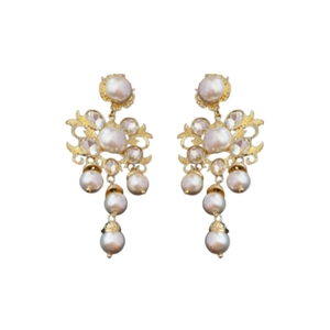 Silver needle flower earrings with pearls and crystal tassels in retro palace style