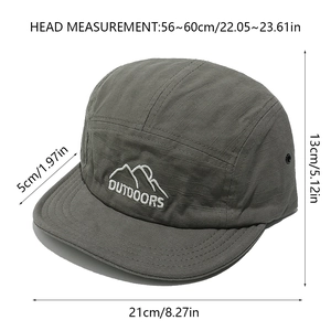 Detailed view of dark grey 5-panel camper hat with mountain embroidery and dimensions