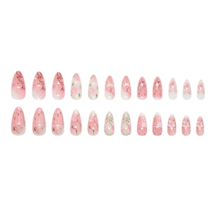 Pink and white gradient almond press-on nails with floral vine patterns, 24 piece set