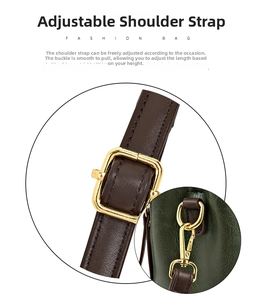 Detail of adjustable leather strap with gold buckle and metal clasp on green bag