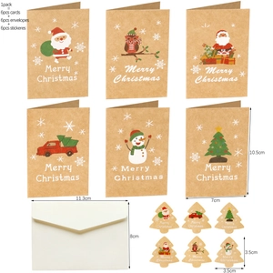 Detailed set of 6 kraft Christmas cards with envelopes and stickers showing dimensions